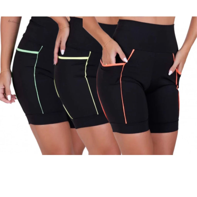 Kit com 3 Bermudas Fitness Cós Alto com Bolsos Profundos