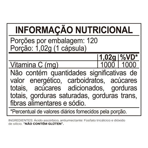 Vitamina C 100% Pura E Concentrada - Fórmula Exclusiva Com 1000mg Por Cápsula - 120 Cápsulas