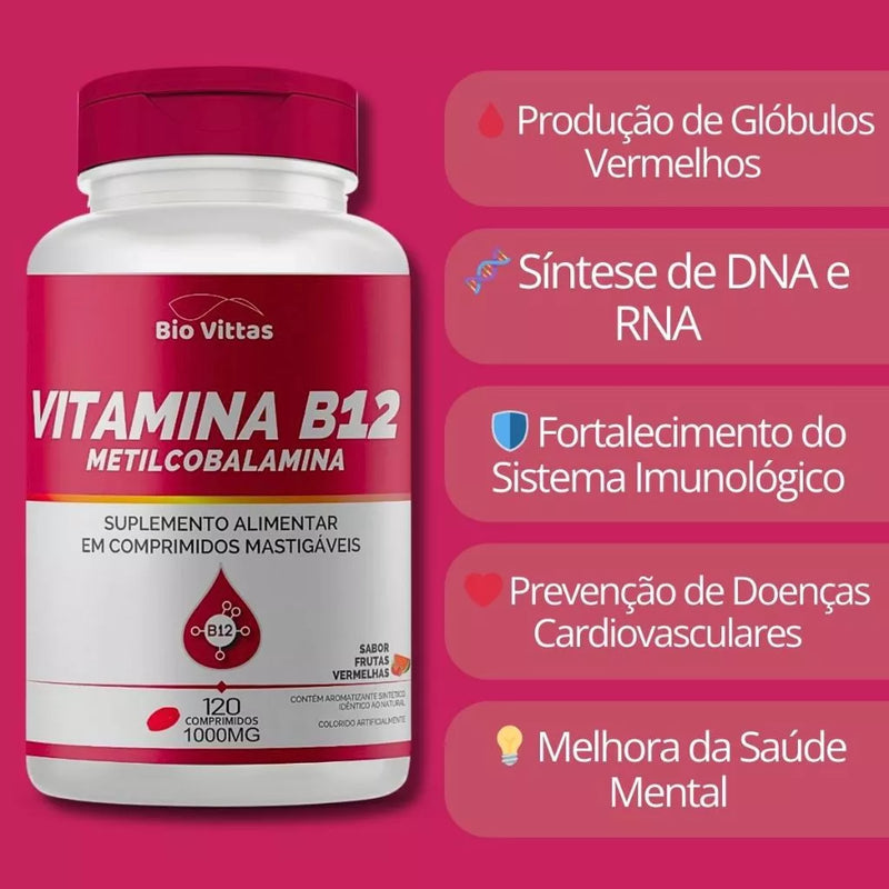 B12- Metilcobalamina Mastigável Comprimidos 1000mg Sabor Frutas Vermelhas